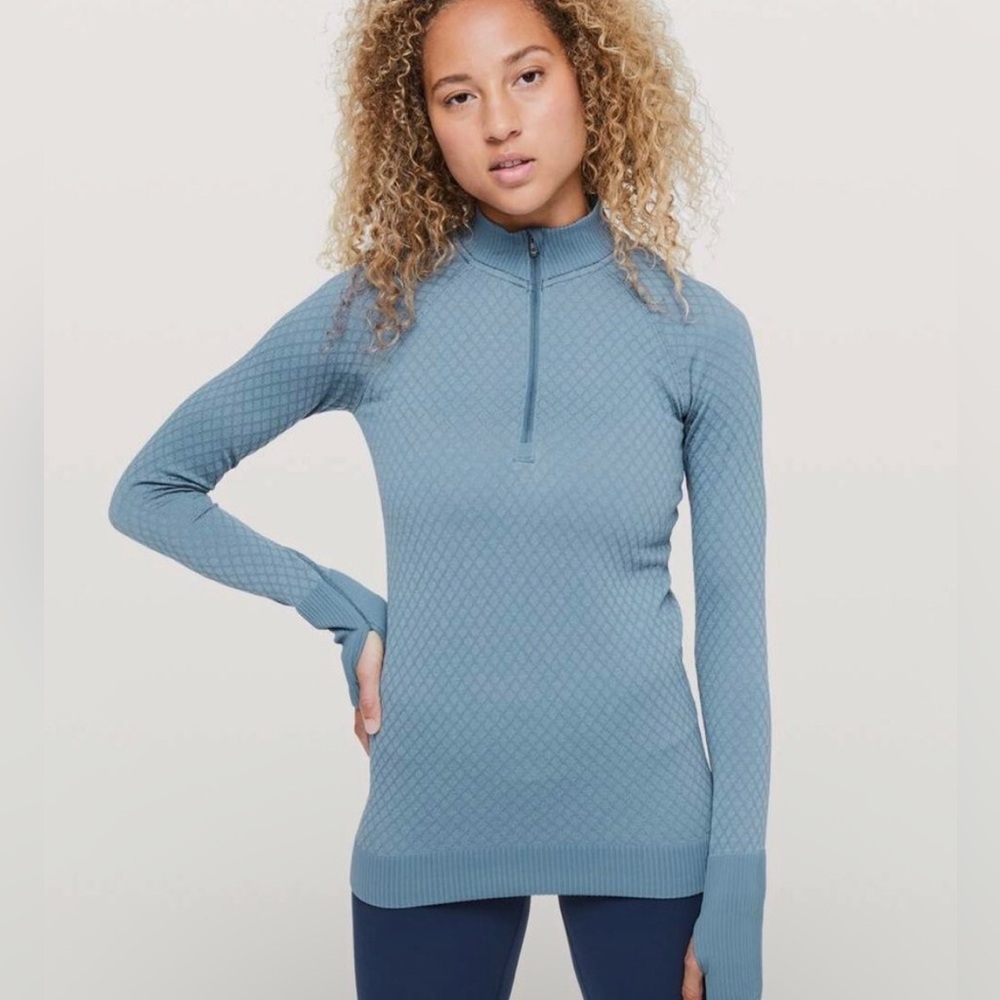 Lululemon Rest Less 1/2 Zip Seamless Pullover Slate Blue Quilted Pattern Women 8